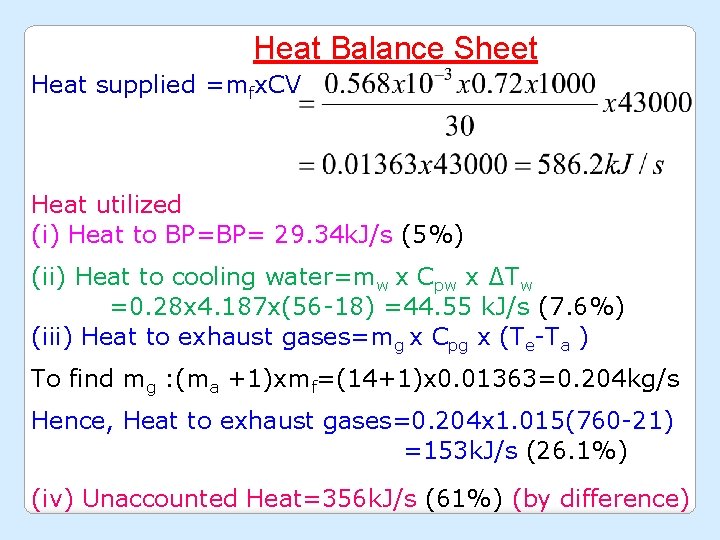 Heat Balance Sheet Heat supplied =mfx. CV Heat utilized (i) Heat to BP=BP= 29.