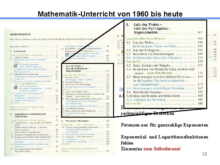 Mathematik-Unterricht von 1960 bis heute Blau gedruckte Inhalte: Keine Obligatorik z. B. Thema Strahlensätze
