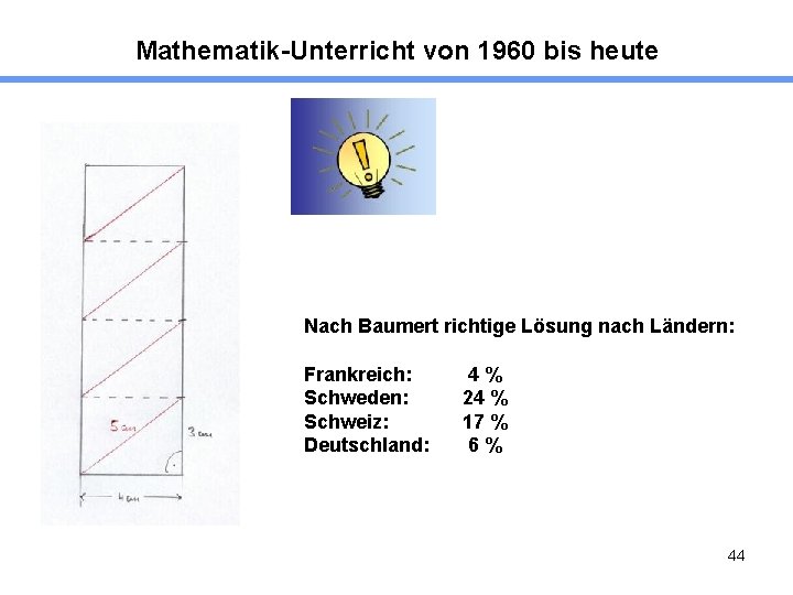 Mathematik-Unterricht von 1960 bis heute Nach Baumert richtige Lösung nach Ländern: Frankreich: Schweden: Schweiz: