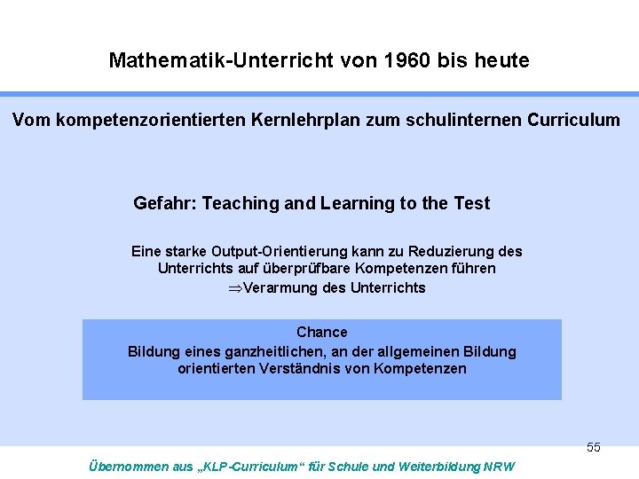 Mathematik-Unterricht von 1960 bis heute Vom kompetenzorientierten Kernlehrplan zum schulinternen Curriculum Gefahr: Teaching and