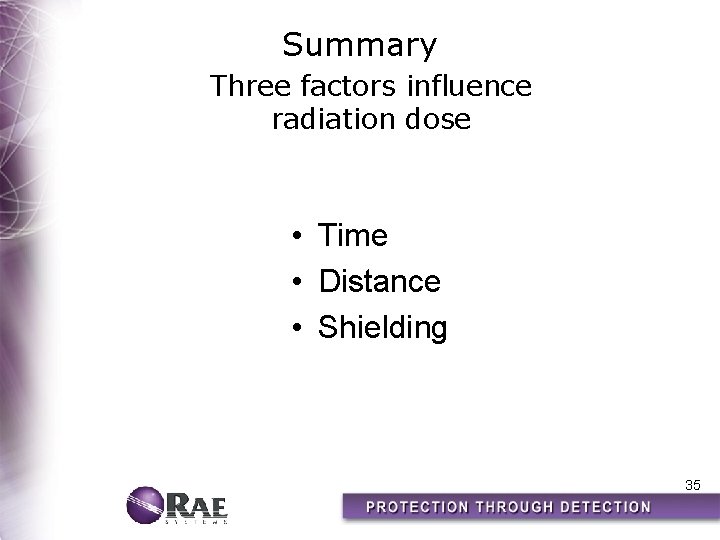 Summary Three factors influence radiation dose • Time • Distance • Shielding 35 