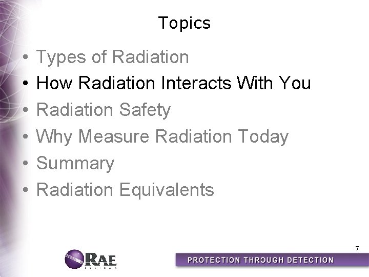 Topics • • • Types of Radiation How Radiation Interacts With You Radiation Safety