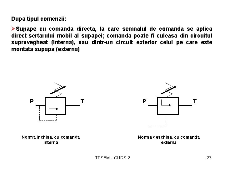 Dupa tipul comenzii: ØSupape cu comanda directa, la care semnalul de comanda se aplica