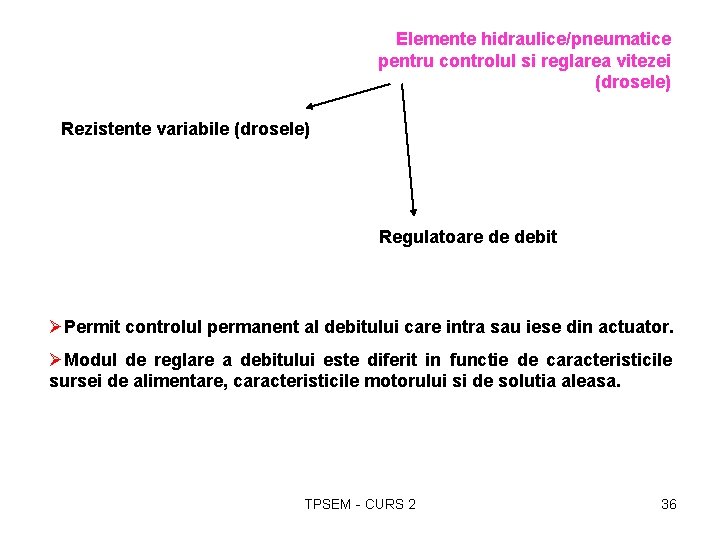 Elemente hidraulice/pneumatice pentru controlul si reglarea vitezei (drosele) Rezistente variabile (drosele) Regulatoare de debit
