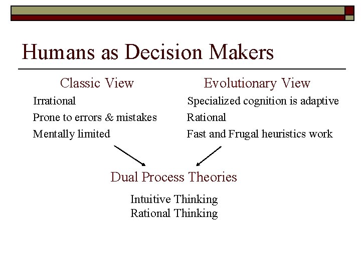 Humans as Decision Makers Classic View Irrational Prone to errors & mistakes Mentally limited