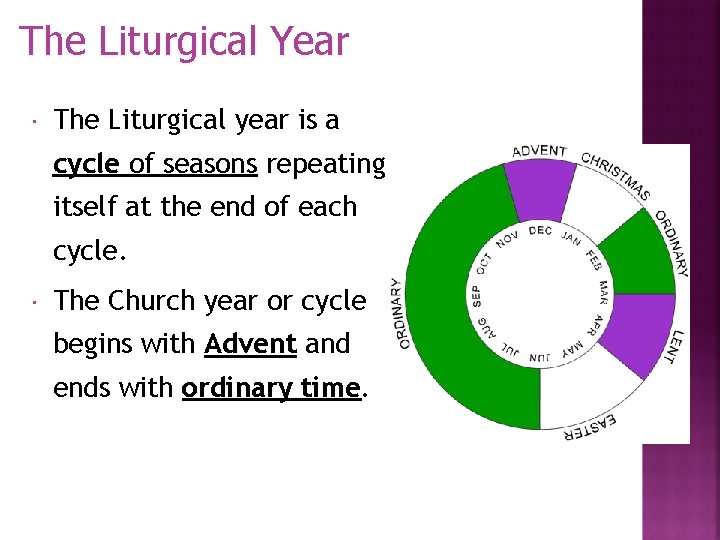 The Liturgical Year The Liturgical year is a cycle of seasons repeating itself at