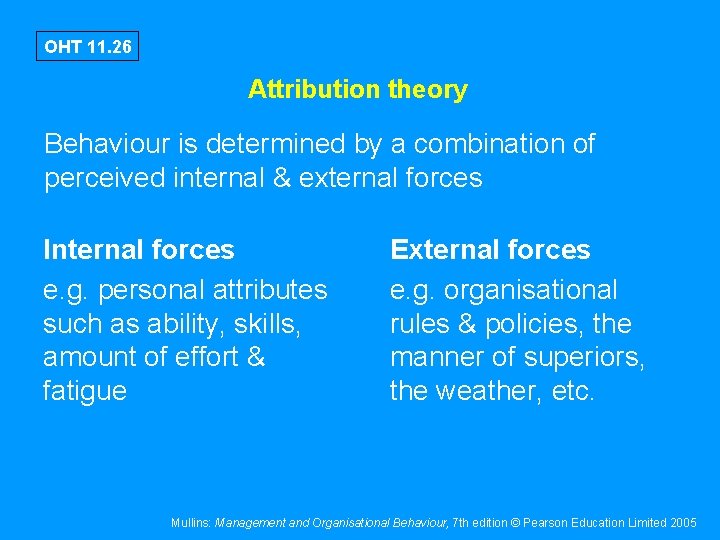 OHT 11. 26 Attribution theory Behaviour is determined by a combination of perceived internal