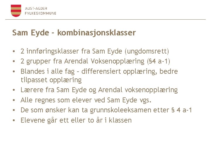 Sam Eyde - kombinasjonsklasser • 2 innføringsklasser fra Sam Eyde (ungdomsrett) • 2 grupper