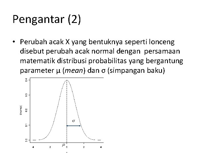 Pengantar (2) • Perubah acak X yang bentuknya seperti lonceng disebut perubah acak normal