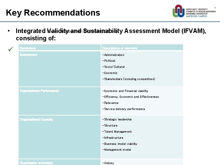 Key Recommendations Source: Adapted from Thompson(2005: 8 -9) • Integrated Validity and Sustainability Assessment