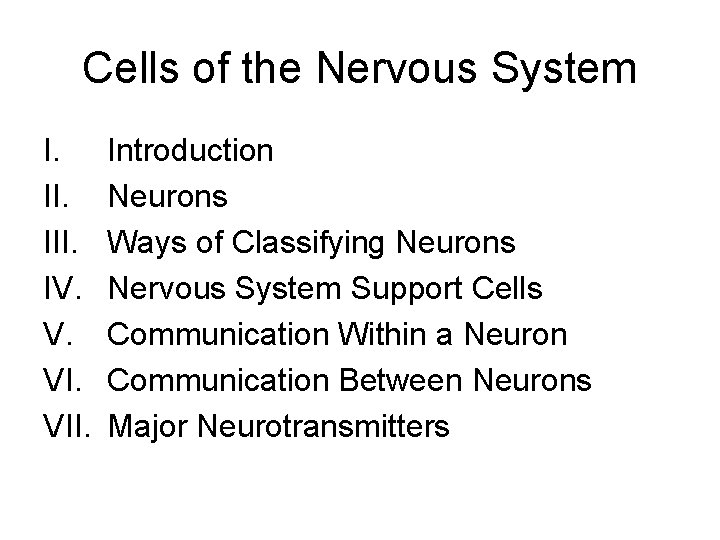 Cells of the Nervous System I. III. IV. V. VII. Introduction Neurons Ways of