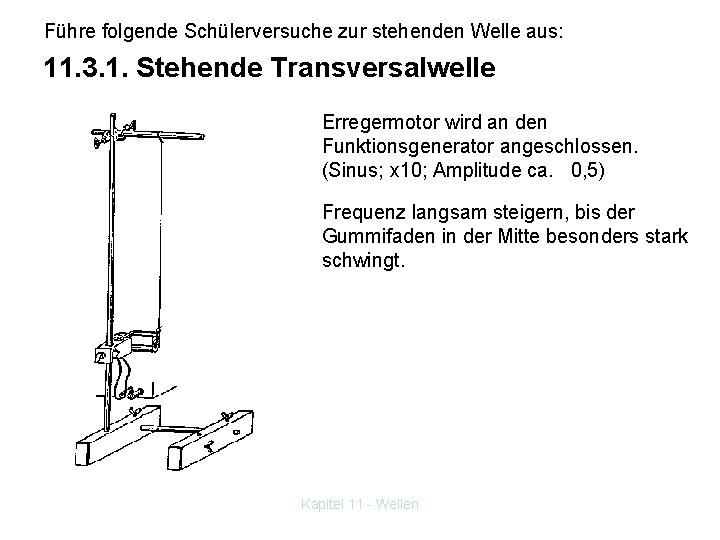 Führe folgende Schülerversuche zur stehenden Welle aus: 11. 3. 1. Stehende Transversalwelle Erregermotor wird