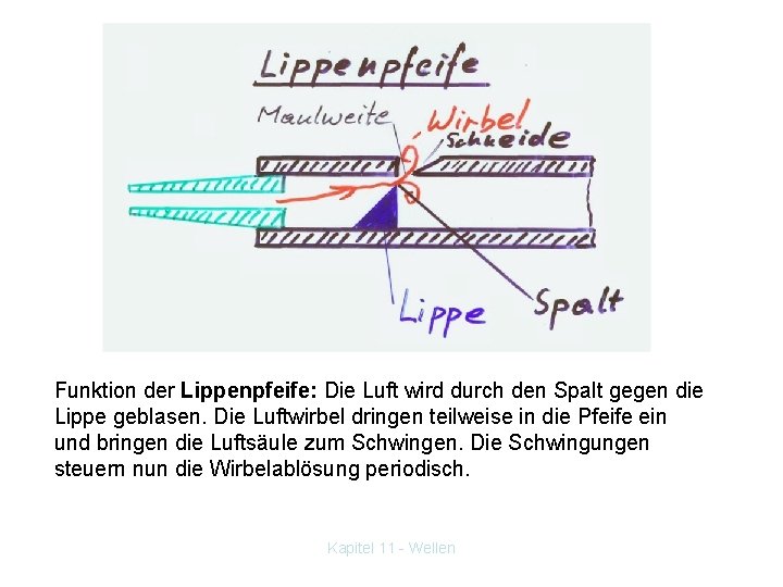 Funktion der Lippenpfeife: Die Luft wird durch den Spalt gegen die Lippe geblasen. Die