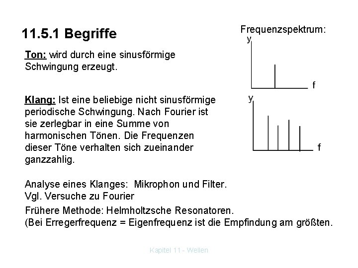 Frequenzspektrum: 11. 5. 1 Begriffe Ton: wird durch eine sinusförmige Schwingung erzeugt. Klang: Ist