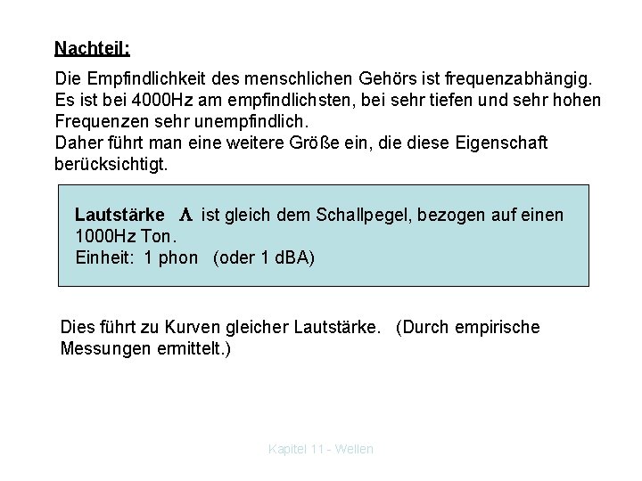 Nachteil: Die Empfindlichkeit des menschlichen Gehörs ist frequenzabhängig. Es ist bei 4000 Hz am