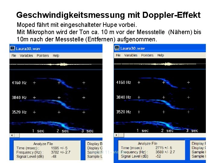 Geschwindigkeitsmessung mit Doppler-Effekt Moped fährt mit eingeschalteter Hupe vorbei. Mit Mikrophon wird der Ton