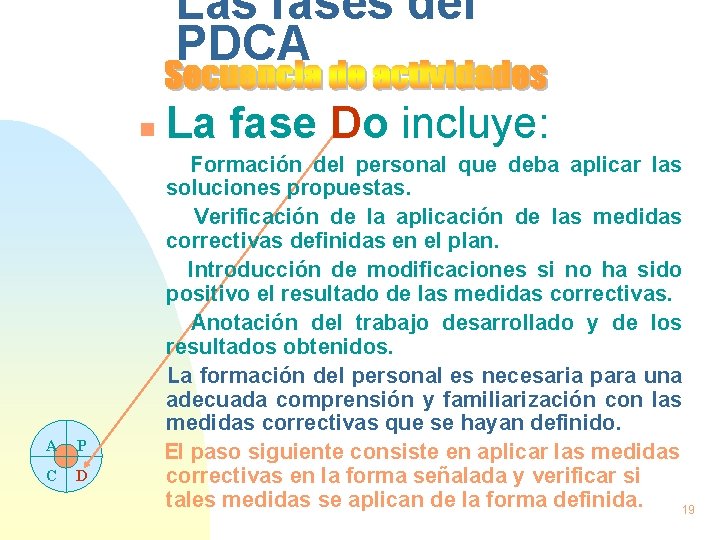 Las fases del PDCA n A P C D La fase Do incluye: Formación