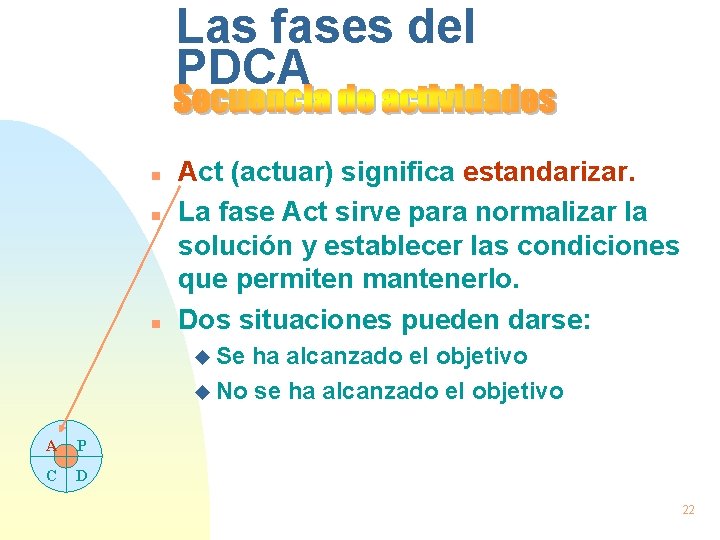 Las fases del PDCA n n n Act (actuar) significa estandarizar. La fase Act