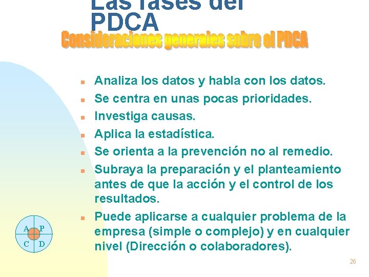 Las fases del PDCA n n n n A P C D Analiza los