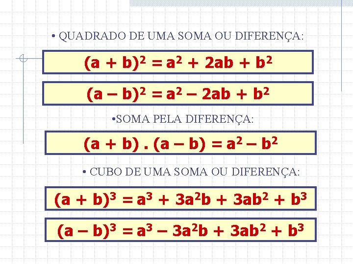  • QUADRADO DE UMA SOMA OU DIFERENÇA: (a + b)2 = a 2