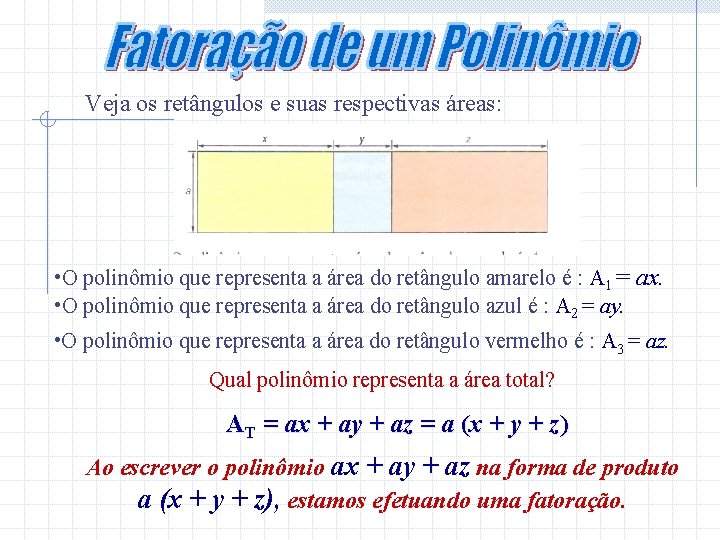 Veja os retângulos e suas respectivas áreas: • O polinômio que representa a área