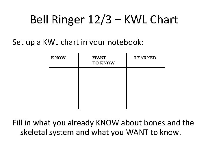 Bell Ringer 12/3 – KWL Chart Set up a KWL chart in your notebook: