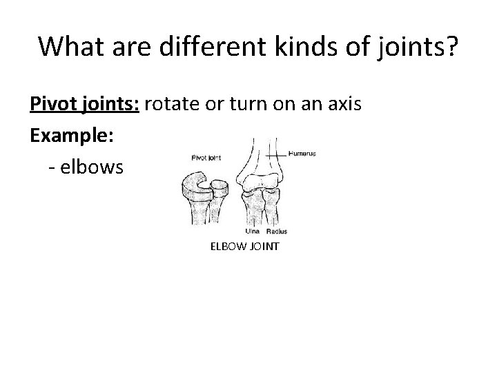 What are different kinds of joints? Pivot joints: rotate or turn on an axis What are different kinds of joints? Pivot joints: rotate or turn on an axis