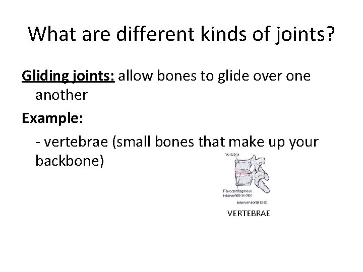 What are different kinds of joints? Gliding joints: allow bones to glide over one What are different kinds of joints? Gliding joints: allow bones to glide over one