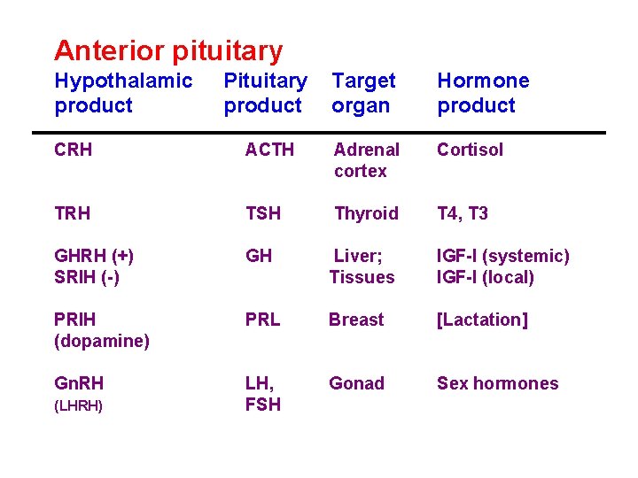 Anterior pituitary Hypothalamic product Pituitary product Target organ Hormone product CRH ACTH Adrenal cortex