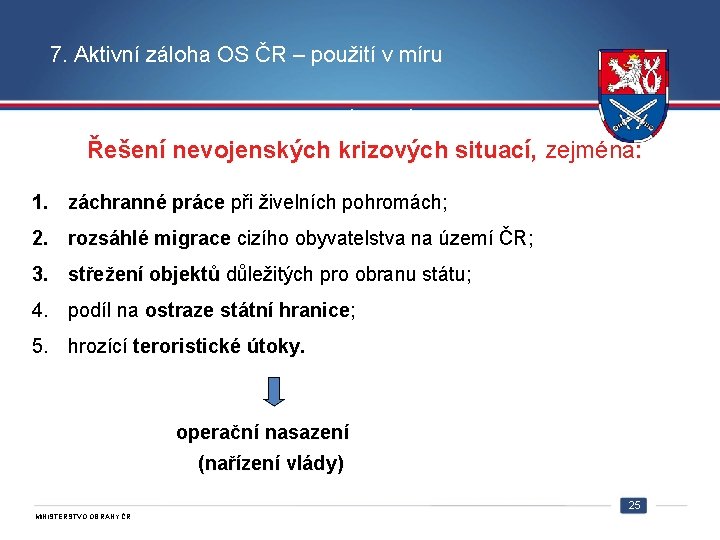 7. Aktivní záloha OS ČR – použití v míru 9. Použití AZ v míru