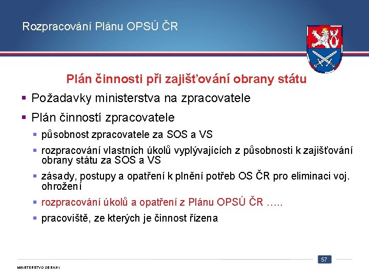 Rozpracování Plánu OPSÚ ČR Plán činnosti při zajišťování obrany státu § Požadavky ministerstva na