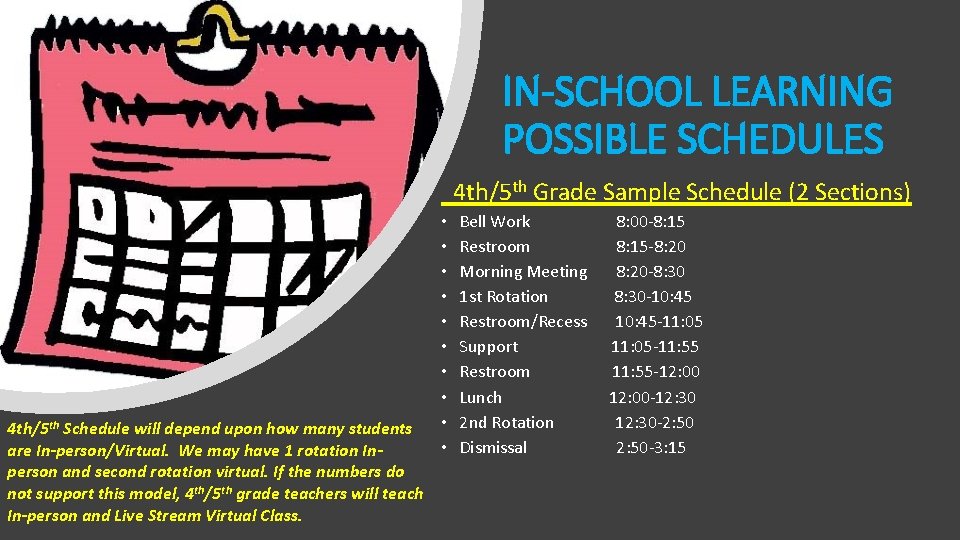 IN-SCHOOL LEARNING POSSIBLE SCHEDULES 4 th/5 th Grade Sample Schedule (2 Sections) 4 th/5
