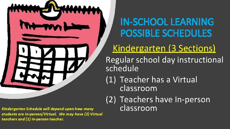 IN-SCHOOL LEARNING POSSIBLE SCHEDULES Kindergarten (3 Sections) Kindergarten Schedule will depend upon how many
