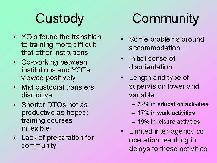 Custody • YOIs found the transition to training more difficult that other institutions •