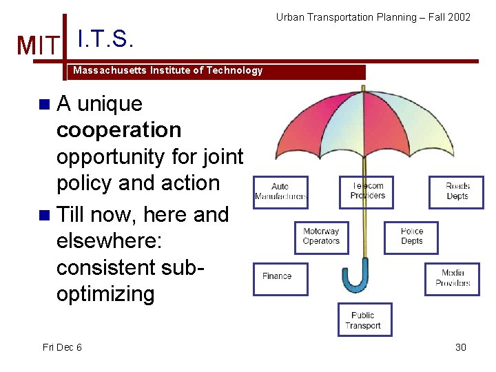 Urban Transportation Planning – Fall 2002 MIT I. T. S. Massachusetts Institute of Technology