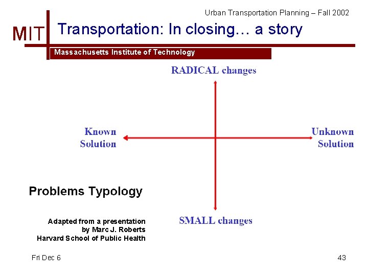 Urban Transportation Planning – Fall 2002 MIT Transportation: In closing… a story Massachusetts Institute