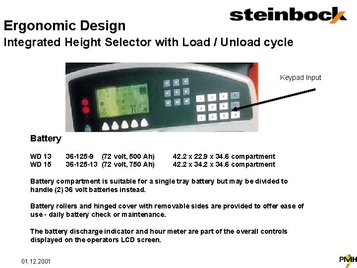 Ergonomic Design Integrated Height Selector with Load / Unload cycle Keypad Input Battery WD