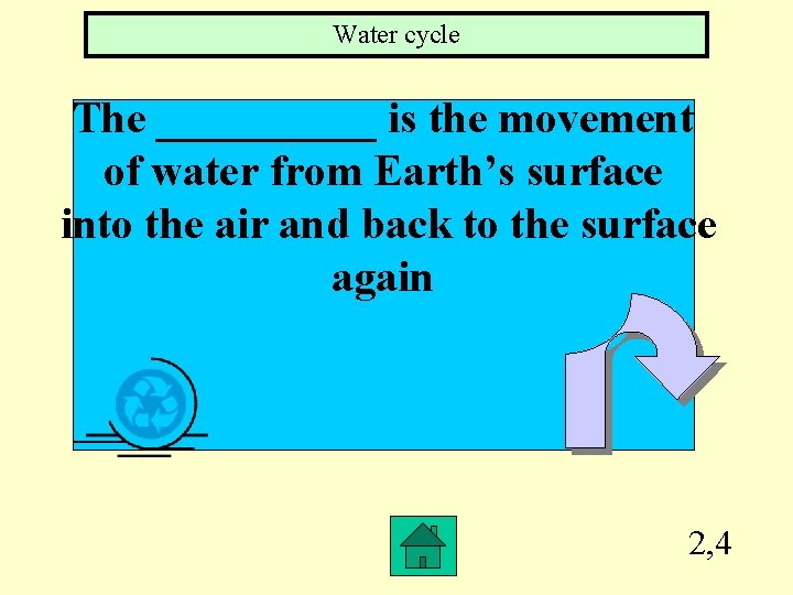 Water cycle The _____ is the movement of water from Earth’s surface into the