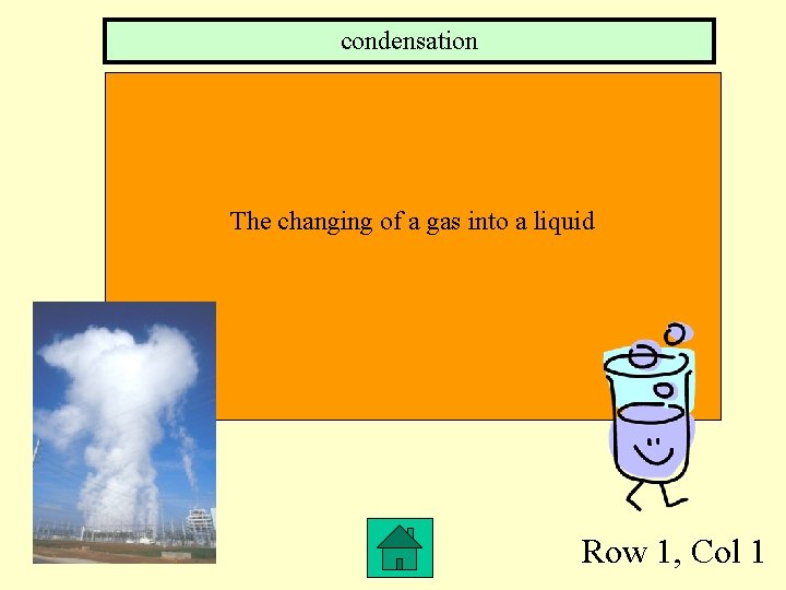 condensation The changing of a gas into a liquid Row 1, Col 1 