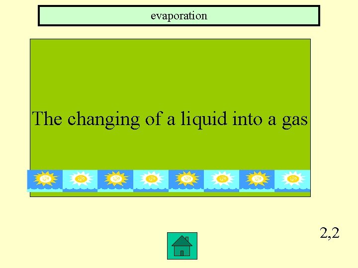 evaporation The changing of a liquid into a gas 2, 2 