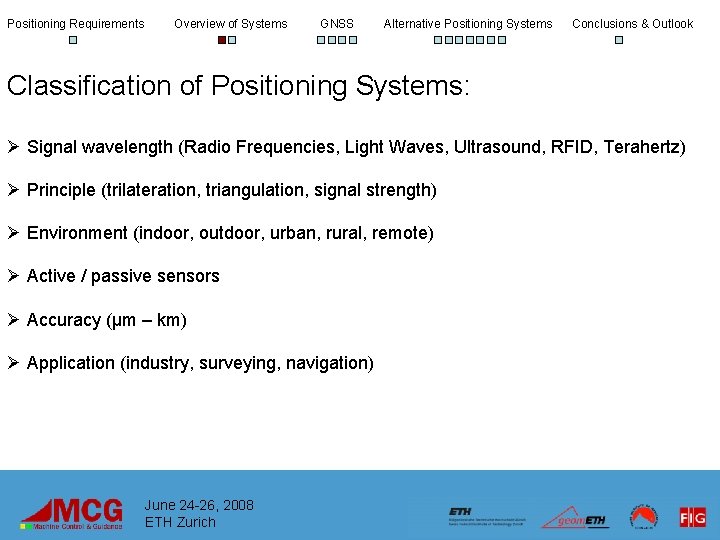 Positioning Requirements Overview of Systems GNSS Alternative Positioning Systems Conclusions & Outlook Classification of