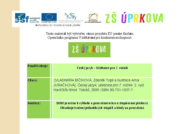 Tento materiál byl vytvořen rámci projektu EU peníze školám Operačního programu Vzdělávání pro konkurenceschopnost