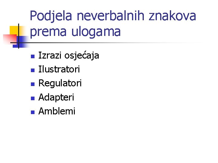 Podjela neverbalnih znakova prema ulogama n n n Izrazi osjećaja Ilustratori Regulatori Adapteri Amblemi