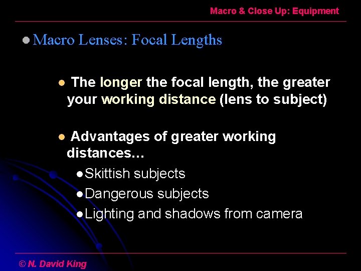 Macro & Close Up: Equipment l Macro Lenses: Focal Lengths l The longer the