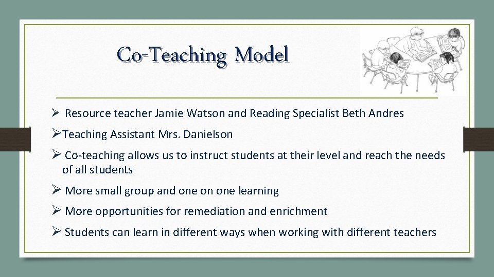 Co-Teaching Model Ø Resource teacher Jamie Watson and Reading Specialist Beth Andres ØTeaching Assistant