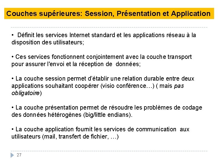 Couches supérieures: Session, Présentation et Application • Définit les services Internet standard et les