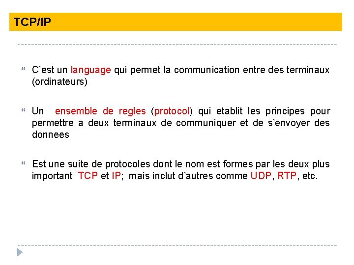 TCP/IP C’est un language qui permet la communication entre des terminaux (ordinateurs) Un ensemble