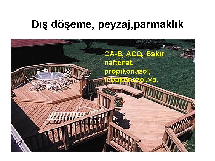 Dış döşeme, peyzaj, parmaklık CA-B, ACQ, Bakır naftenat, propikonazol, tebukonazol, vb. 