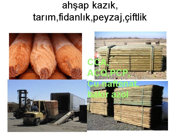 ahşap kazık, tarım, fidanlık, peyzaj, çiftlik CCA, ACQ, PCP, Cu naftenat, bakır azol 