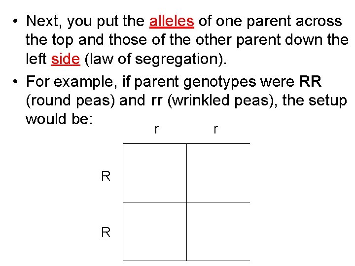  • Next, you put the alleles of one parent across the top and